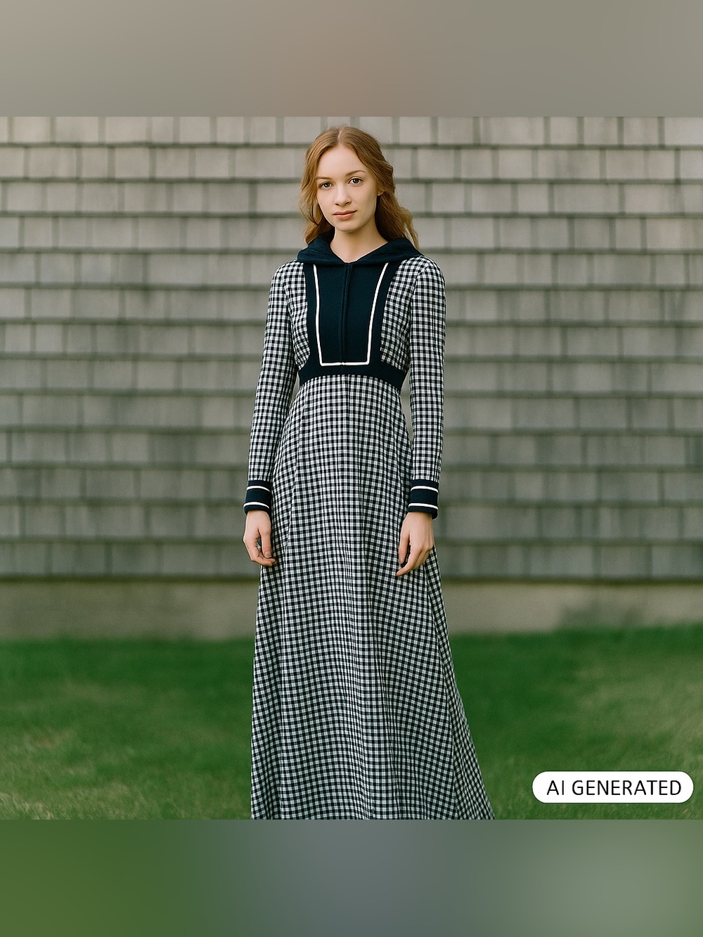 Vintage 1960's Black White Gingham Long Sleeve Maxi Dress Prairie‎  Nautical